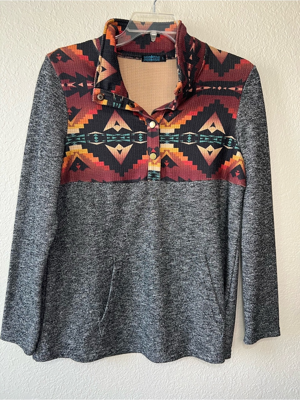 Fashion Express Women’s Gray & Aztec Knit 1/4 Snap Pullover Stand Collar Large